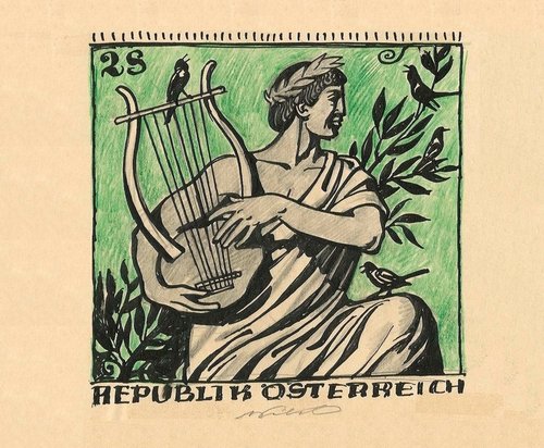 Boceto preliminar de Adalbert Pilch para el sello austríaco de 1971 dedicado al Festival de Coro de Viena