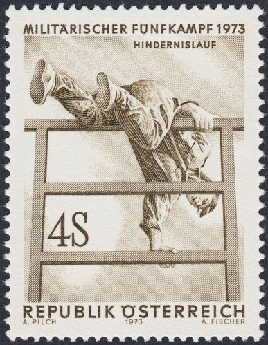 Austria, 1973, Campeonato Mundial de Pentatlón Militar, carrera de obstáculos. Diseño de Adalbert Pilch y grabado de Alfred Fischer. Calcografía
