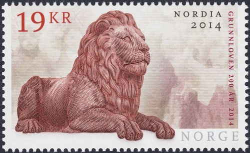 Nouega, 2014, Nordia y Bicentenario de la Constitución nacional. Sello diseñado por Enzo Finger y grabado por Sverre Morken. Impresión combinada de Enschedé en calcografía y offset