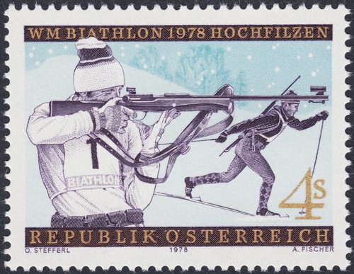 Austria, 1978, Campeonato Mundial de Biatlón. Diseño de Otto Stefferl y grabado de Alfred Fischer. Impresión combinada en huecograbado y calcografía