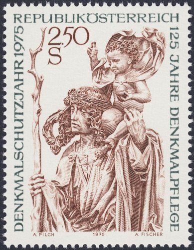 Austria, 1975, Patrimonio Arquitectónico Europeo. Figura de madera del retablo de la Iglesia de Kefermarkt. Diseño de Adalbert Pilch y grabado de Alfred Fischer. Huecograbado y calcografía
