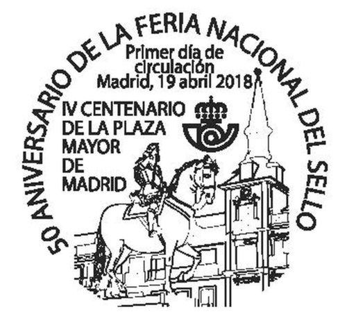 Madrid. 2018-04-19 al 22. 50 Feria Nacional del Sello. Emisión 50 aniversario. Matasellos de primer día. Boceto. Baja.jpg