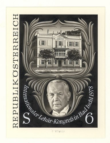 Diseño original de Otto Stefferl para el sello de Franz Lehár de 1978, con la casa del compositor sobre su retrato. Pintura acríclica y lápiz sobre cartulina, 27.5 x 21 cm