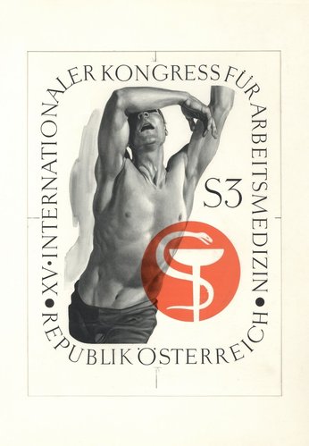 Diseño adoptado finalmente para el sello de 1966 que celebraba el Congreso Internacional de Medicina del Trabajo celebrado en Viena ese año. Pintura acríclica, tinta y lápiz sobre cartulina, 31 x 23 cm
