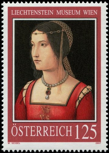 Austria, 2007, emisión conjunta con Liechtenstein. &quot;Retrato de una dama&quot;, de Bernardino Zaganelli. Diseño y grabado de Wolfgang Seidel. Huecograbado y calcografía