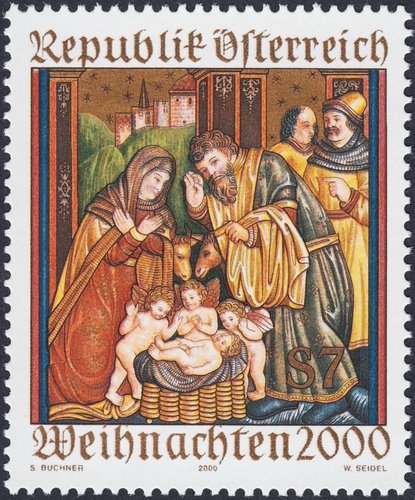 Austria, Navidad del año 2000. Hoja inferior lateral del altar de la Iglesia de San Martín, en Ludesch. Diseño de Sepp Buchner y grabado de Wolfgang Seidel. Huecograbado y calcografía