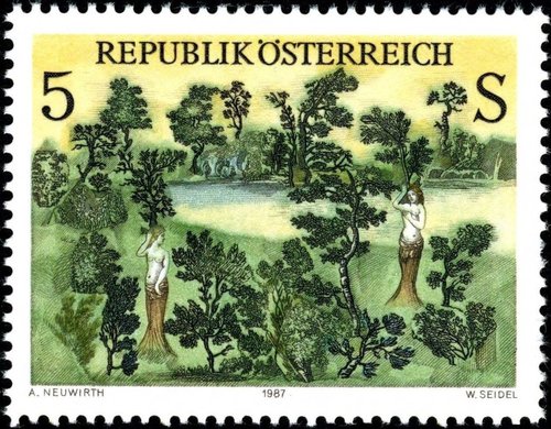 Austria, 1987, Arte moderno. “Baumgottinnen” (Diosas de los árboles), de Arnulf Neuwirth. Diseño y grabado de Wolfgang Seidel. Huecograbado y calcografía