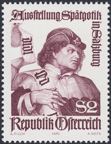 Austria, 1972, Exposición de Arte Gótico tardío en Salzburgo. San Hermes, de un políptico de Conrad Laib. Diseño de Otto Zeiller y grabado de Alfred Nefe. Calcografía