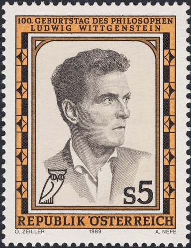 Sello emitido por Austria en 1989 de Ludwig Wittgenstein. Diseño de Otto Zeiller y grabado de Alfred Nefe. Huecograbado y calcografía