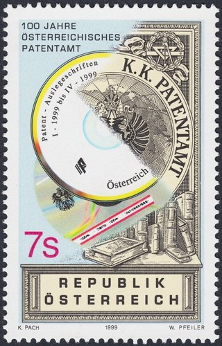 Austria, 1999, Centenario de Oficina de Patentes de Austria. Diseño de Karl Pach y grabado de Werner Pfeiler. Huecograbado y calcografía