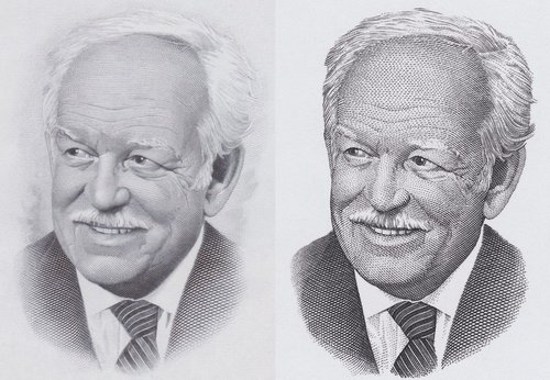 Comparación entre el grabado de Slania de 1996 y el retrato de Rainiero III del sello de Mónaco de 2006 grabado por Jacky Larrivière