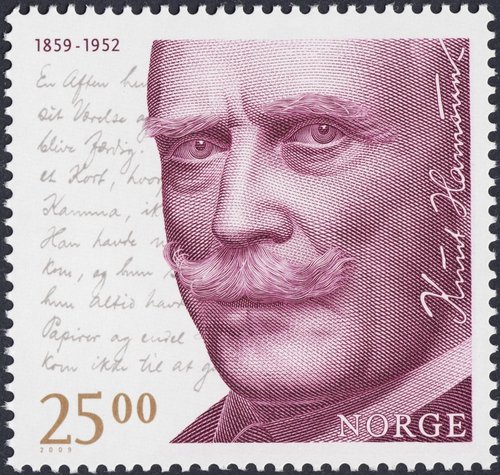 Noruega, 2009, 150 aniversario del nacimiento del escritor Knut Hamsun. Retrato grabado a mano por Sverre Morken. Impresión combinada en calcografía y offset