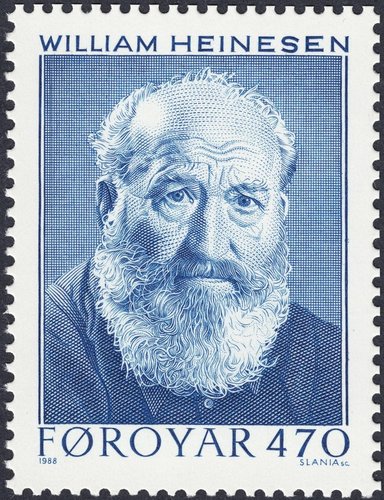 Islas Feroe, 1988, William Heinesen. Retrato grabado por Slania