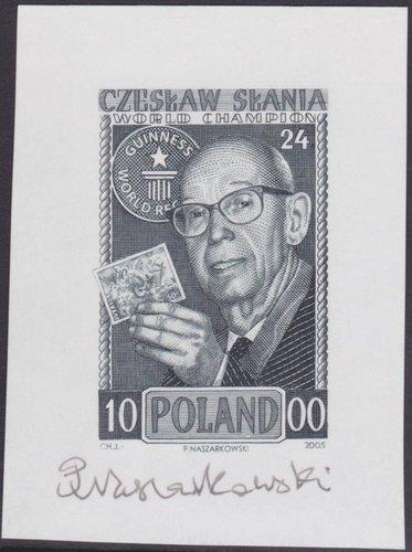 Slania con su sello emitido número 1000 en la mano. Homenaje de Piotr Naszarkowski a su maestro en 2005