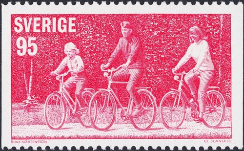 Suecia, 1977. Deporte en bicicleta. Fotografía de Rune Mårtensson. Sello grabado por Czeslaw Slania. Calcografía