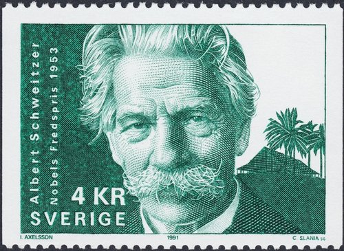 Un impresionante retrato de Slania de Albert Schweitzer, en este sello de Suecia de 1991