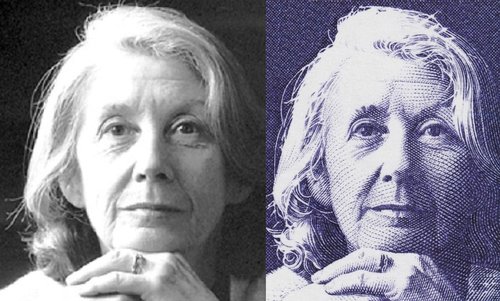 Nadine Gordimer retratada por Slania en el sello de Suecia de 1998