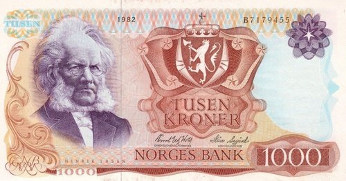 El billete de mayor valor facial de esta V Serie (1962-1987) de Noruega. Retrato del escritor Henrik Ibsen grabado por Knut Lokke-Sorensen