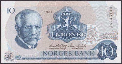 Anverso del billete de 10 coronas noruegas cuyo retrato de Nansen grabó Lokke-Sorensen