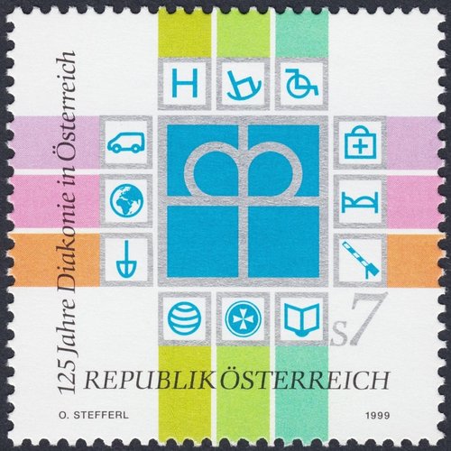 Austria, 1999, 125 aniversario de los servicios sociales de las diaconías del país. Diseño de Otto Stefferl. Impresión en offset