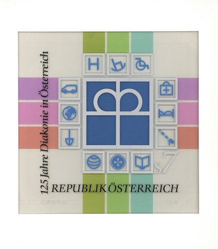 Diseño aprobado para el sello finalmente emitido en 1999, obra de Otto Stefferl. Pintura acrílica y lápiz sobre cartulina, 24.5 x 24.5 cm