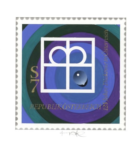 Diseño alternativo de Stefferl para el sello de 1999 que conmemoraba el 125 aniversario de las labores sociales de las diaconías asutríacas. Pintura acrílica y lápiz sobre cartulina, 24.5 x 24.5 cm