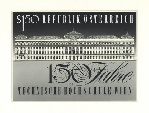 Diseño original de Otto Stefferl para el sello que en 1965 conmemoró el 150 aniversario de la Universidad Técnica de Viena. Pintura acrílica y lápiz sobre cartulina, 28 x 20.6 cm