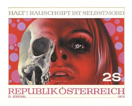 Austria, 1973, diseño de Stefferl finalmente adoptado para el sello impreso en huecograbado y que promovía la lucha contra la drogadicción. Pintura acrílica y lápiz sobre cartulina, 24.2 x 19 cm