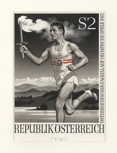 Diseño original de Stefferl para el sello de 1972 que homenajeaba a los relevistas austríacos que portaron la antorcha olímpica. Pintura acrílica y lápiz sobre cartulina, 25.9 x 18.4 cm