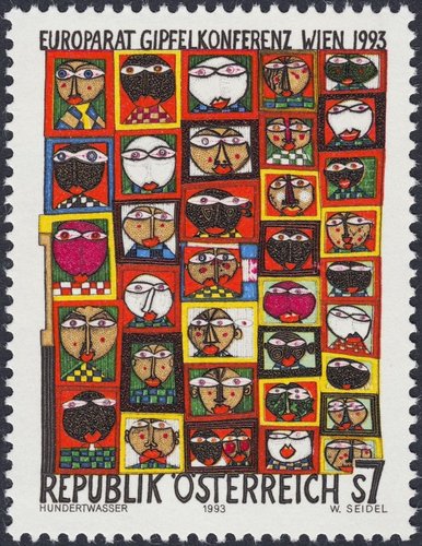 Austria, 1993, Conferencia del Consejo de Europa en Viena. Obra de Hundertwasser, “36 cabezas”, desde la obra “134”. Grabado de Wolfgang Seidel. Calcografía y huecograbado