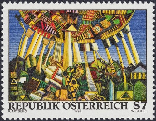 Austria, 1996, “Estación de energía”, por Reinhard Artberg. Sello grabado por Wolfgang Seidel e impreso en calcografía y huecograbado