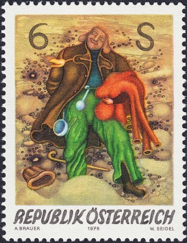 Austria, 1976, “Lieben Augustin”, de Arik Brauer. Sello grabado por Wolfgang Seidel. Calcografía y huecograbado