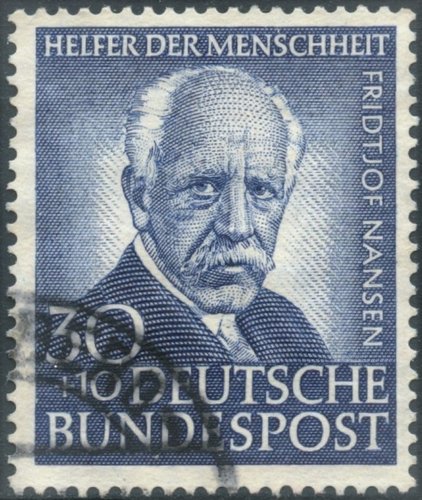 Alemania, 1953, Fridtjof Nansen, formando parte de una serie de 4 sellos diseñada por Hermann Zapf. Retrato grabado por Leon Schnell