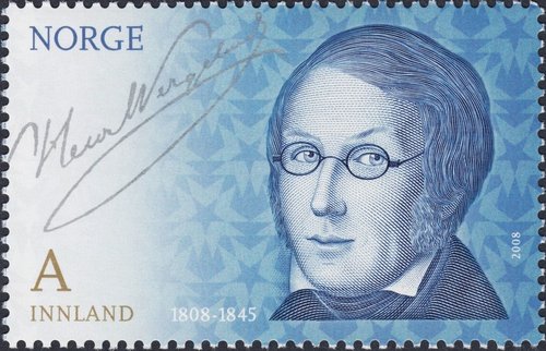 Sello emitido por Noruega en 2008 de Henrik Wergeland, diseñado y con el retrato grabado a buril por Sverre Morken. Impresión combinada de Enschedé en calcografía y offset