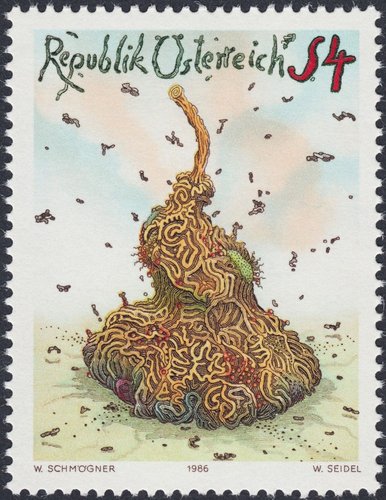 Austria, 1986, “Auflösung” (Desintegración), de Walter Schmögner. Sello grabado por Wolfgang Seidel. Calcografía y huecograbado