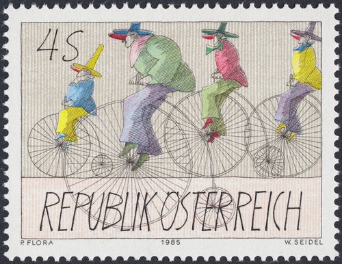 Austria, 1985, “Figuras de carnaval en bicicleta”, por Paul Flora. Grabado de Wolfgang Seidel. Impresión en huecograbado y calcografía