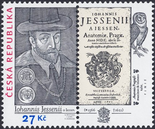 República Checa, 2016, Jan Jessenius (1566-1621). Diseño de Vladislav Rostoka y grabado de František Horniak. Impresión mixta en calcografía y huecograbado