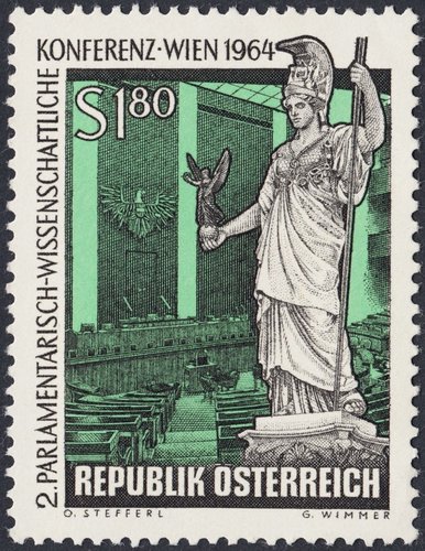 Austria, 1964, II Conferencia Parlamentaria y Científica, Viena. Diseño de Otto Stefferl y grabado de Georg Wimmer. Impresión mixta en calcografía y litografía