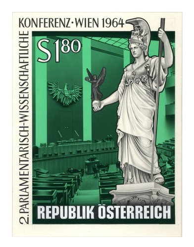Diseño original de Otto Stefferl para su primer sello austríaco, emitido en mayo de 1964. Pintura acrílica y lápiz sobre cartulina, 29 x 22 cm