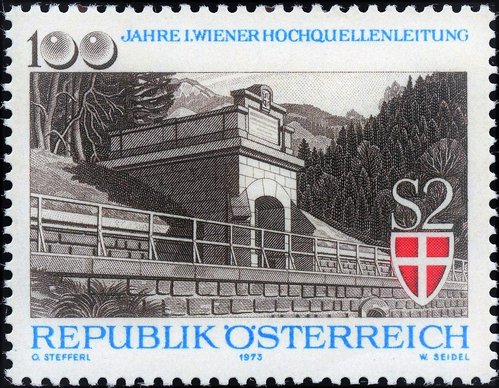 Austria, 1973, Centenario del primer acueducto que trasvasaba agua potable desde los Alpes hasta Viena. Diseño de Otto Stefferl y grabado de Wolfgang Seidel. Impresión mixta en calcografía y huecograbado
