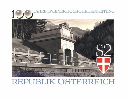 Diseño original de Otto Stefferl para el sello de 1973 que celebraba el centenario del primer acueducto de Viena, inaugurado en 1873. Pintura acrílica y lápiz sobre cartulina