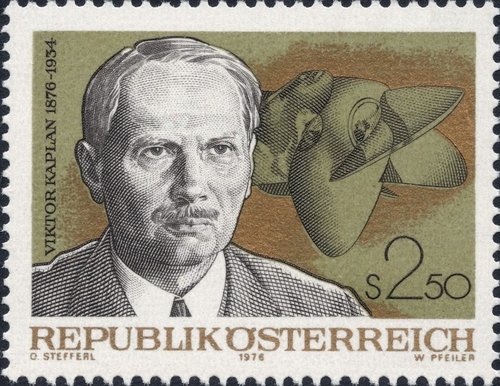 Austria, 1976, centenario del natalicio del inventor Viktor Kaplan. Diseño de Otto Stefferl y grabado de Werner Pfeiler. Impresión mixta en calcografía y huecograbado