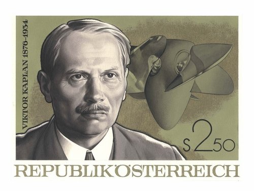 Diseño original de Stefferl del sello de 1976 dedicado al inventor Viktor Kaplan. Pintura acrílica y lápiz sobre cartulina, 25.2 x 19.5 cm