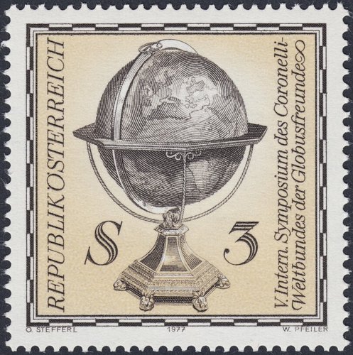 Austria, 1977, V Simposio Mundial de amigos del cartógrafo Vincenzo Maria Coronelli. Diseño de Otto Stefferl y grabado de Werner Pfeiler. Impresión mixta en calcografía y huecograbado