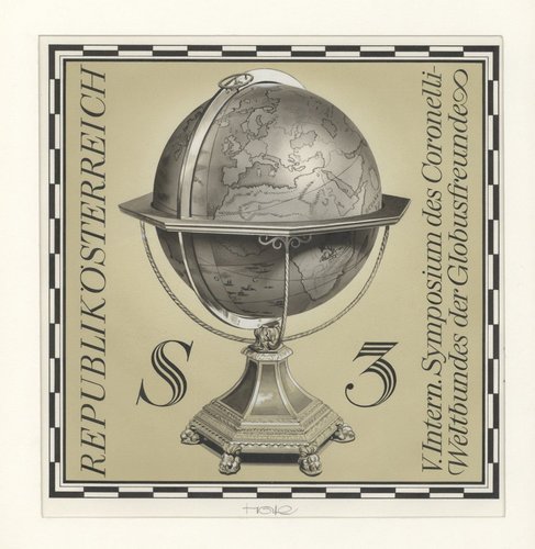Diseño adoptado para el sello de 1977 del globo terráqueo de Coronelli, obra de Stefferl. Pintura acrílica y lápiz sobre cartulina, 23 x 23 cm