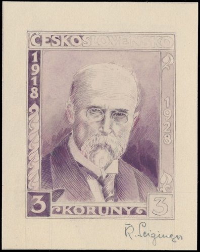 Diseño casi definitivo de Seizinger para el sello de T. G. Masaryk. Lápiz y acuarela, 8.1 x 6.5 cm