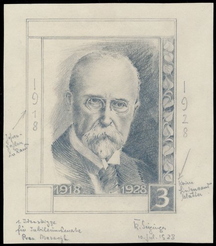Boceto a lápiz de Karl Seizinger, para el sello de 1928 de Masaryk, 13 x 10 cm