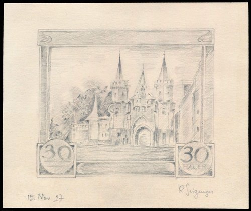 Esbozo a lápiz de Seizinger para el sello del Castillo de Hradec, 14.1 x 17.5 cm