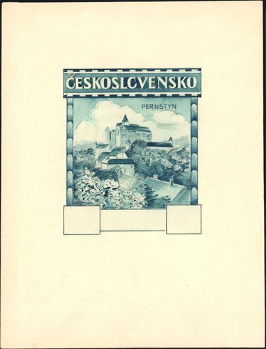 Castillo de Pernštýn. Boceto final del propio Seizinger, lápiz y acuarela, 8,2 x 9,8cm
