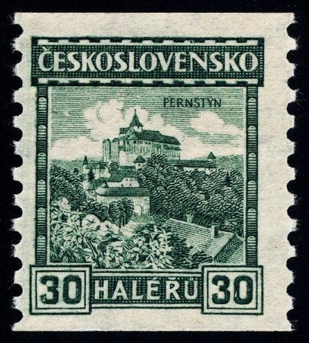 Checoslovaquia, 1926 y 1927-31, Castillo de Pernštýn. Sello incidido por Karl Seizinger y diseñado por el propio grabador a partir de una obra de Alois Kalvoda